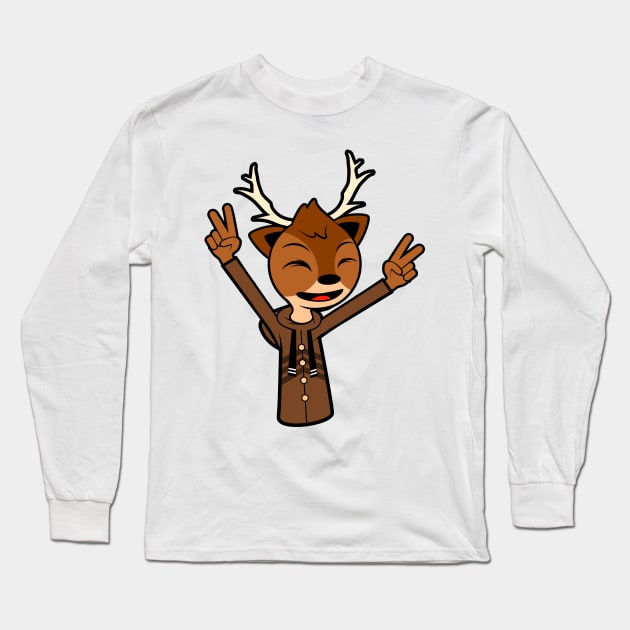 Happy Reindeer With Two Raised Peace Hand Signs Long Sleeve T-Shirt by MOULE